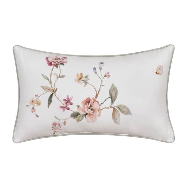 Unbranded Charlotte Ivory Cotton Floral Boudoir Decorative Throw Pillow 12 in. L x 20 in. W