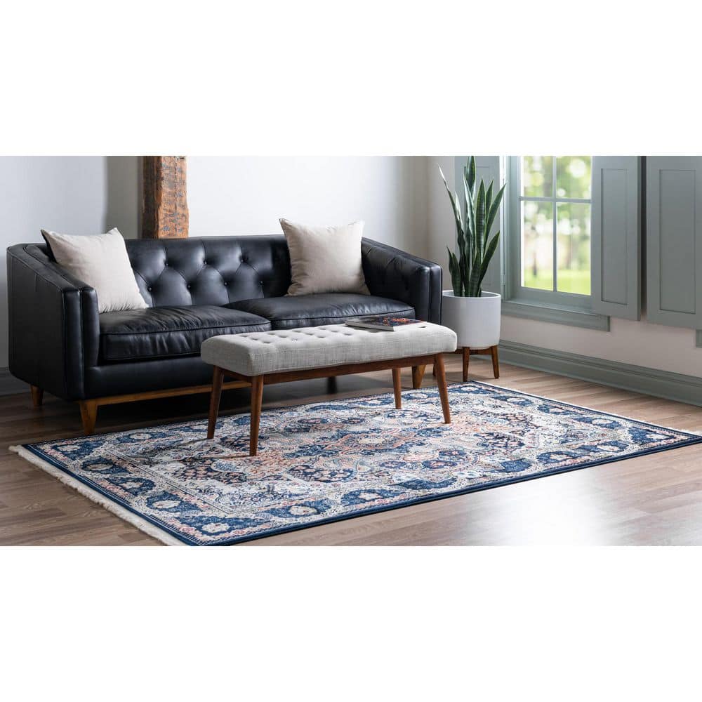 Navy Blue Floral Elegance 8' x 10' Synthetic Area Rug