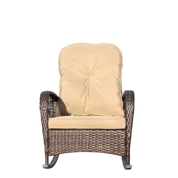 Unbranded Wicker Outdoor Rocking Chair All-Weather Rocking Lawn Chair Patio Lounge Chair with Shallow Brown Cushion