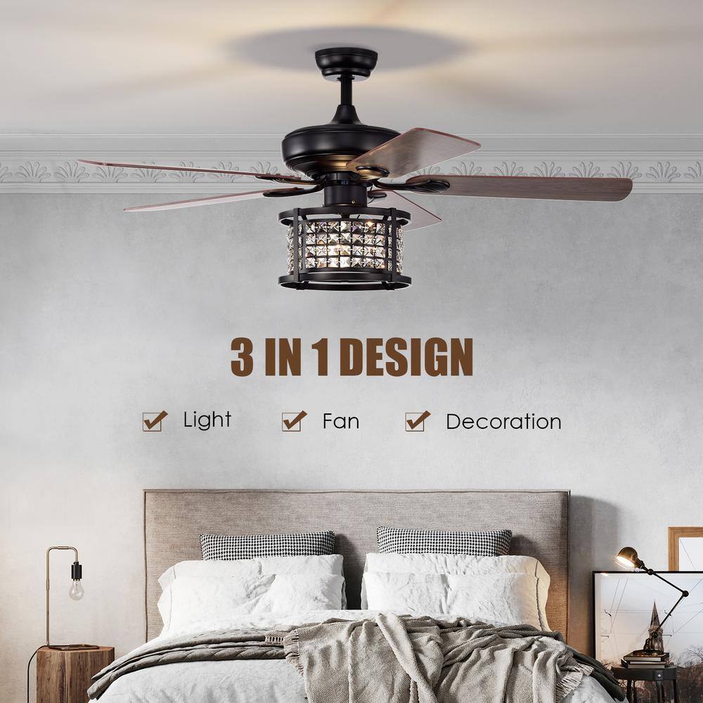 52'' Black Crystal Chandelier Ceiling Fan with Remote Control