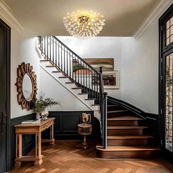 Amari 20.4 in. 5-Light Gold Modern Sputnik Starburst Crystal Semi-Flush Mount Light