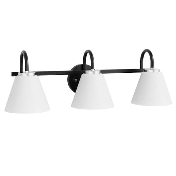 Briignite 25 in. 3-Light Matte Black Vanity Light for Bathroom with White Cone Glass Shade No Bulbs Included