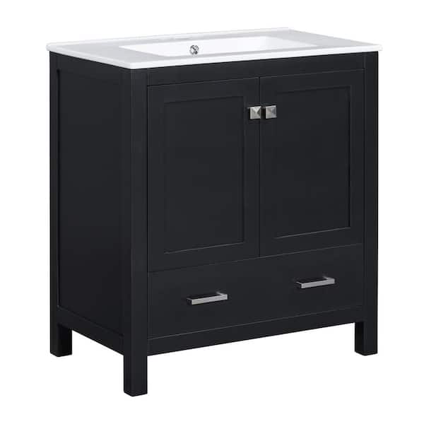 Unbranded 30 in. W x 18 in. D x 34 in. H Single Sink Freestanding Bath Vanity in Black with White Ceramic Top