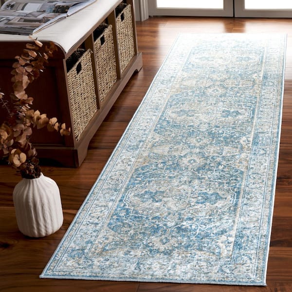 Orlando 2 ft. x 8 ft. Blue/Gold Vintage Washed Medallion Washable Runner Rug