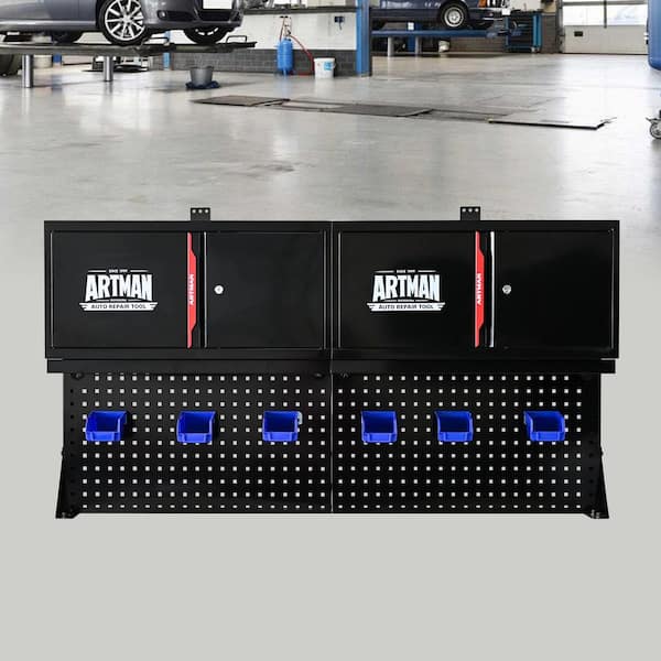 64.21"Lx11.93"W 4-Draw Wall-mounted Double-door Stainless Steel Side Tool Locker, with Tool Rack & Hanging Basket Hook