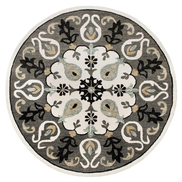 Unbranded Emerson Lively Ornate Gray/White 7 ft. Round Medallion Wool Area Rug