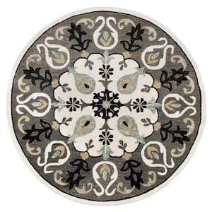 Emerson Lively Ornate Gray/White 7 ft. Round Medallion Wool Area Rug