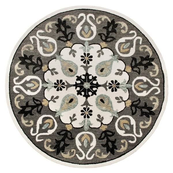 LR Home Emerson Lively Ornate Gray/White 5 ft. Round Medallion Wool Area Rug