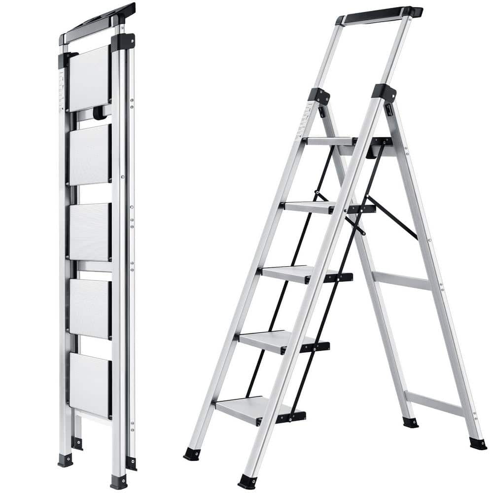 Reach 5 ft. Aluminum 5 Step Ladder, 330 lb. Retractable Handgrip Folding St