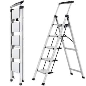 Reach 5 ft. Aluminum 5 Step Ladder, 330 lb. Retractable Handgrip Folding Step Stool for Garage Library