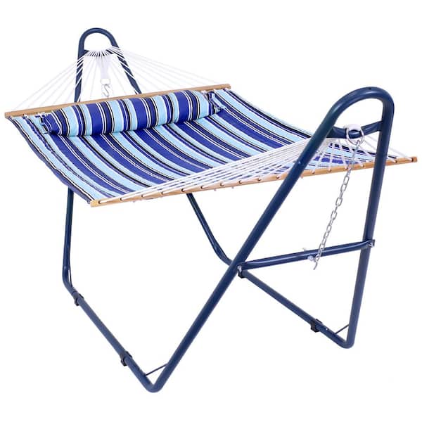 Sunnydaze Decor 10.8 ft. L Quilted 2 Person Hammock with Universal Blue Steel Stand - Catalina Beach