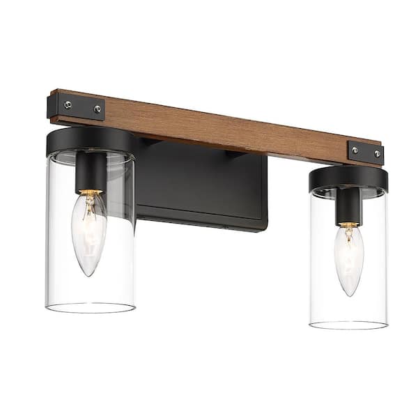15 in. 2-Light Matte Black and Dark Wood Grain Bathroom Vanity Light with Clear Glass Shades