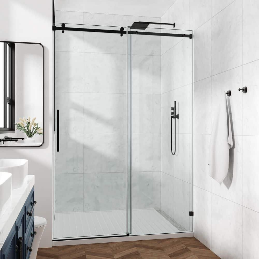56-60 in. W x 76 in. H Sliding Frameless Shower Door in Matte Black with Clear Glass price history on PriceWatchPro