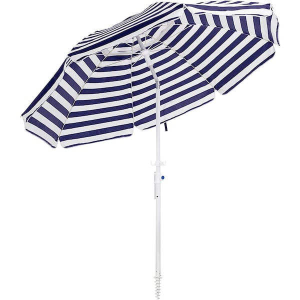 Dyiom 7.5 ft. Beach Umbrella with Sand Anchor and Tilt Mechanism in Portable UV 50+ Protection in Navy-White Stripe