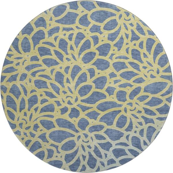 Mayfield Premium Machine Washable Abstract AMF2412 Navy 8 ft. x 8 ft. Round Rug