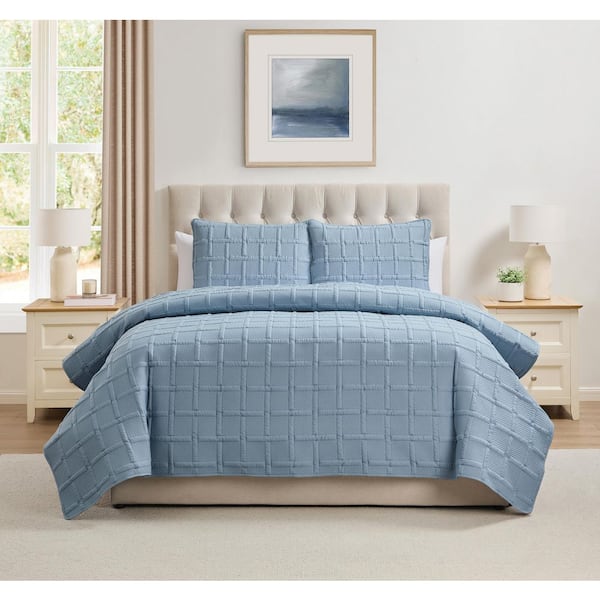 Square 3-Piece Blue Pinsonic Polyester Full/Queen Quilt Set