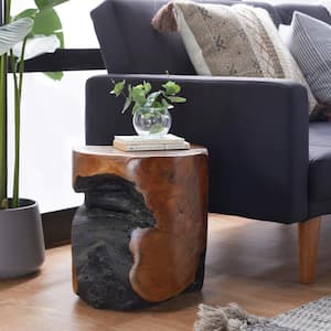 14 in. Brown Handmade Live Edge Stump Medium Cylinder Wood End Table with Charred Detailing
