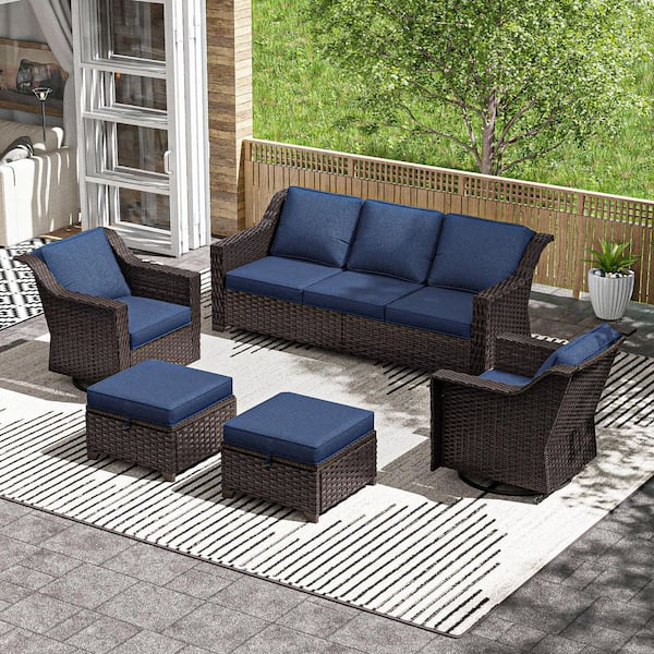 5-Piece Wicker Outdoor Patio Sectional Sofa Set with Blue Cushions and Swivel Rocking Chairs