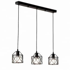 20.08 in. 3-Light Matte Black Industrial Linear Cluster Island Iron Chandelier with Caged Shaded for Kitchen Island