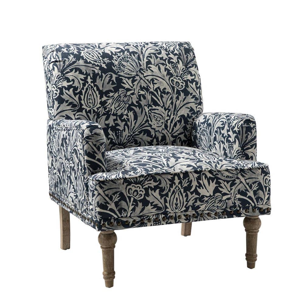 Jayden Creation Venere Navy Floral Patterns Armchair With Nailhead Trim And Turned Solid Wood