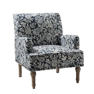 Venere Navy Floral Patterns Armchair with Nailhead Trim and Turned Solid Wood Legs