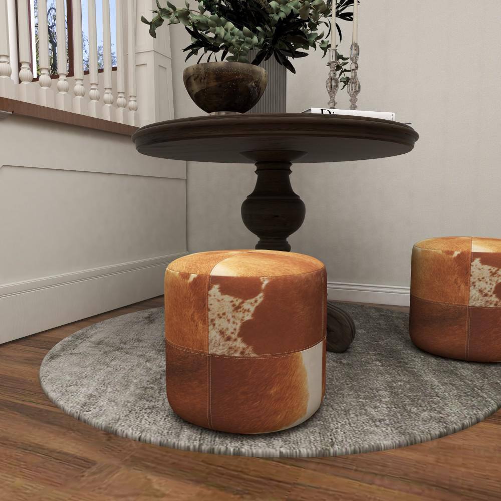 Handmade Patchwork Leather Cylinder Ottoman in Brown - 16" x 16" x 16"