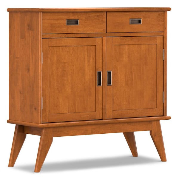 Simpli Home Draper Solid Hardwood 36 in. Wide Mid Century Modern Entryway Storage Cabinet in Teak Brown