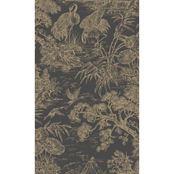 Walls Republic Charcoal Gold Majestic Crane Tropical Print Non-Woven Non-Pasted Textured Wallpaper 57 Sq. Ft.