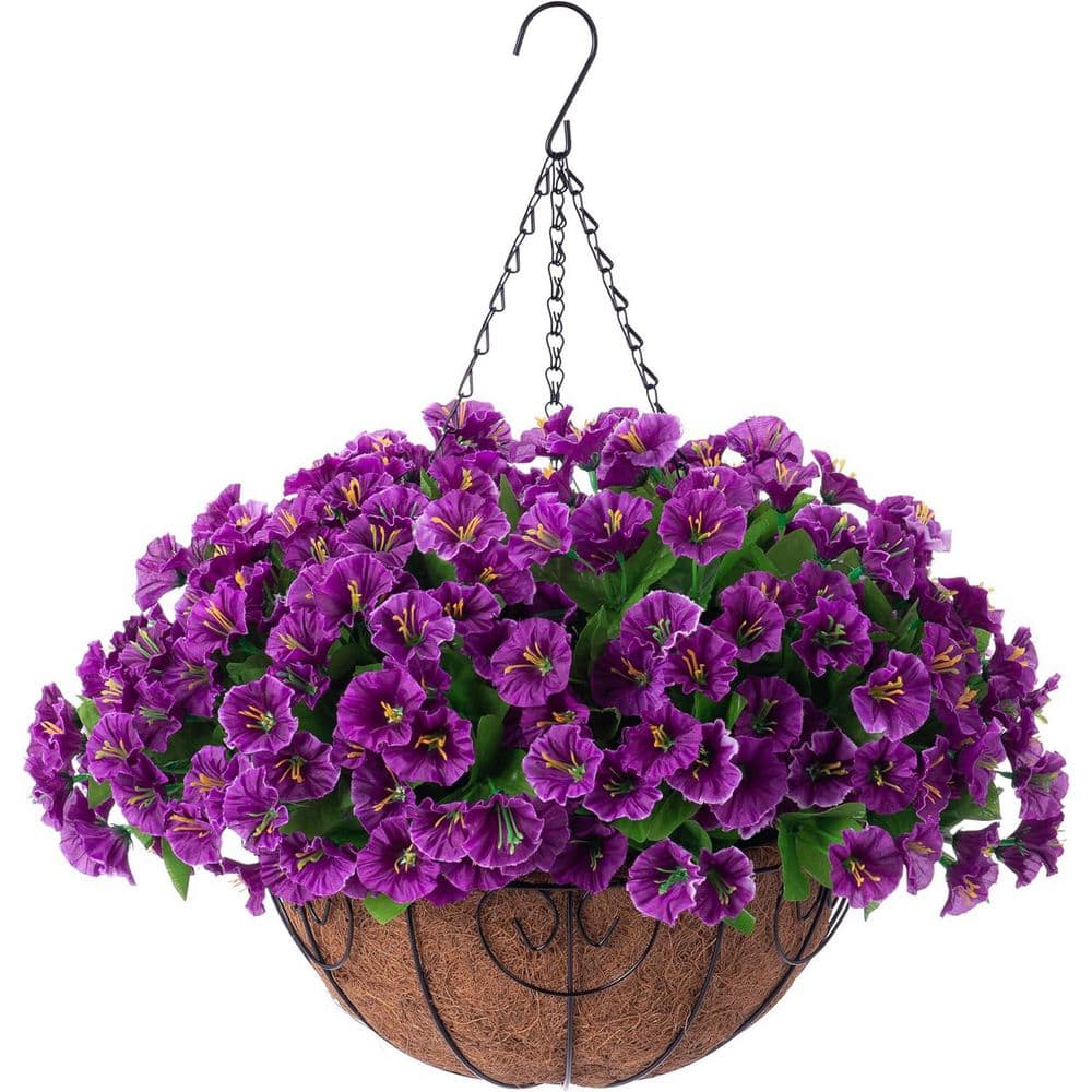 21.3 in. Purple Outdoor Artificial Petunia Flowers in Brown Basket