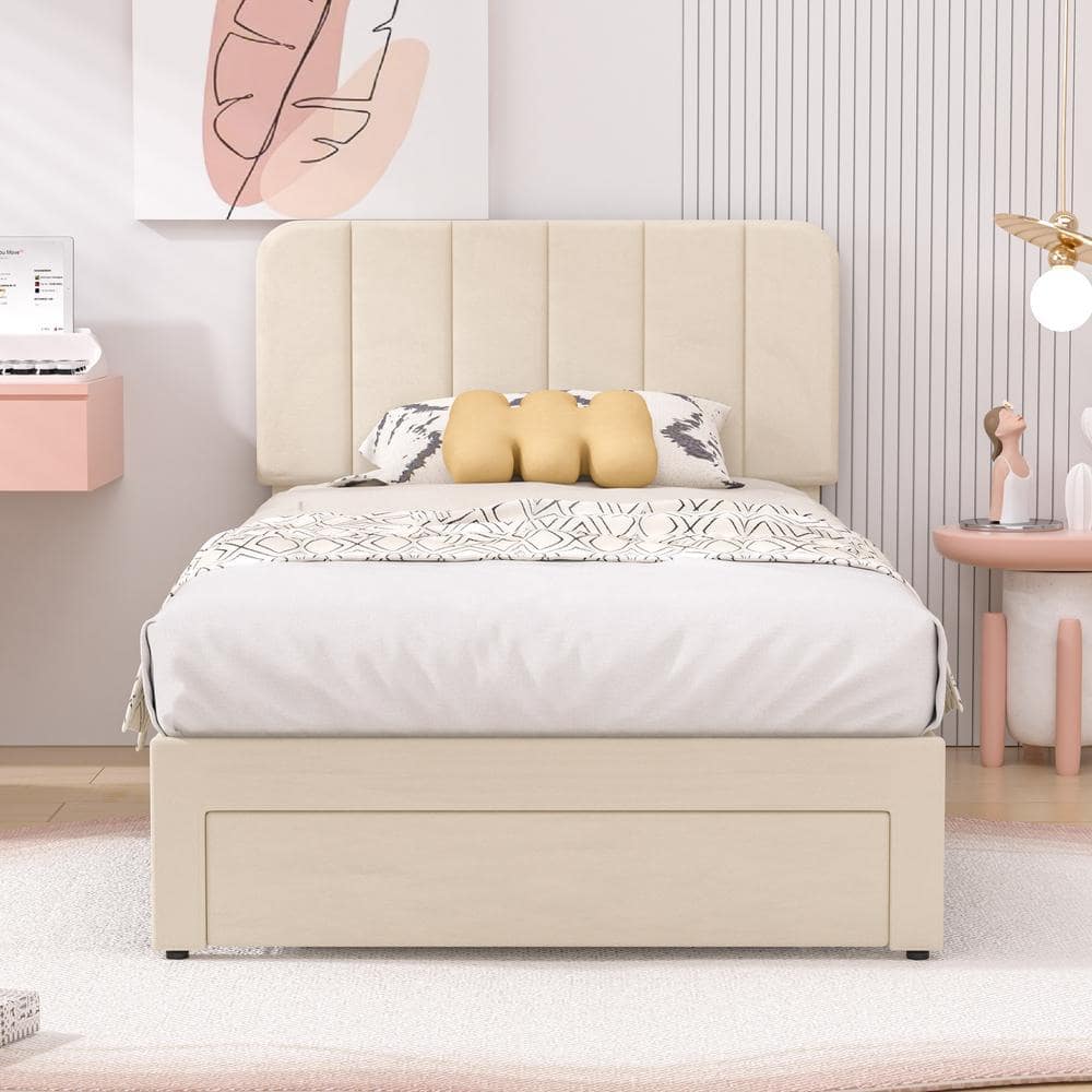 Platform Storage Bed Beige Metal Frame Twin Platform Bed with Velvet Upholstered Headboard and 1 Drawer price history on PriceWatchPro