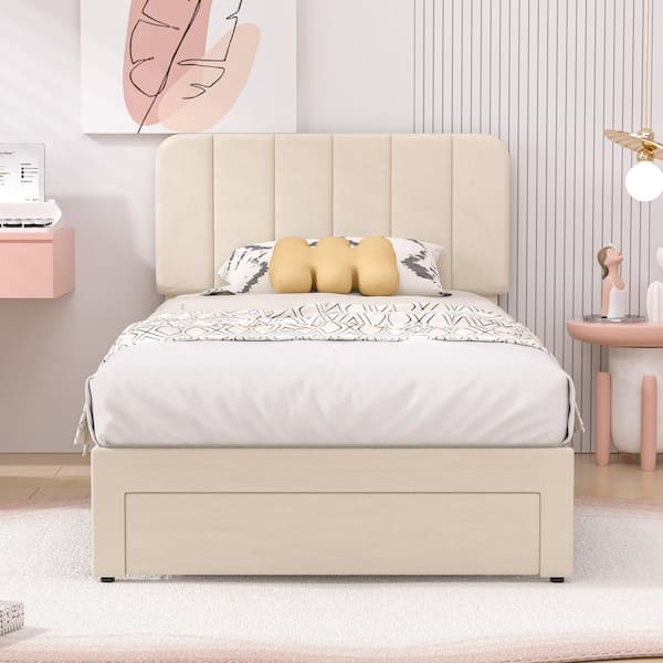 VECELO Platform Storage Bed Beige Metal Frame Twin Platform Bed with Velvet Upholstered Headboard and 1 Drawer