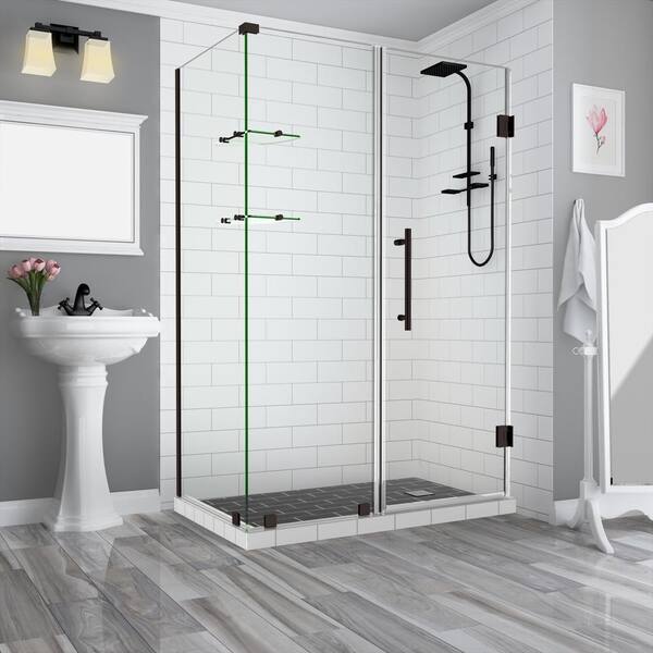 Aston Bromley GS 67.25 in. to 68.25 in. x 30.375 in. x 72 in. Frameless Corner Hinged Shower Door with Glass Shelves in Bronze