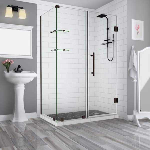 Aston Bromley GS 69.25 in. to 70.25 in. x 32.375 in. x 72 in. Frameless Corner Hinged Shower Door with Glass Shelves in Bronze