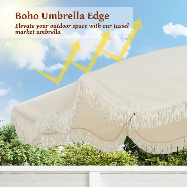 9 ft. Tassel Market Patio Umbrella with Full Fiberglass Rib in Cream