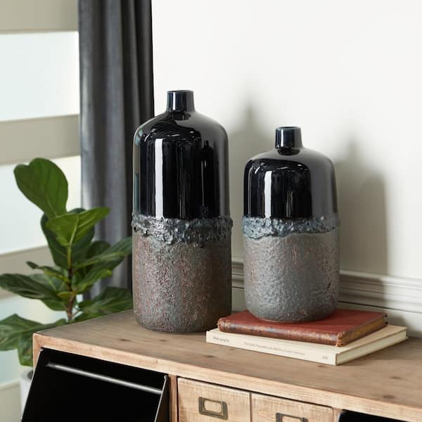 19 in., 15 in. Black Ceramic Decorative Vase (Set of 2)