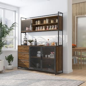 59 in. W Brown Large Kitchen Pantry Organizers Cabinet Buffet with 3-Drawers, 6 Shelves and Metal Mesh Doors