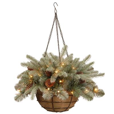 20 in. Frosted Arctic Spruce Hanging Basket with Battery Operated Warm White LED Lights