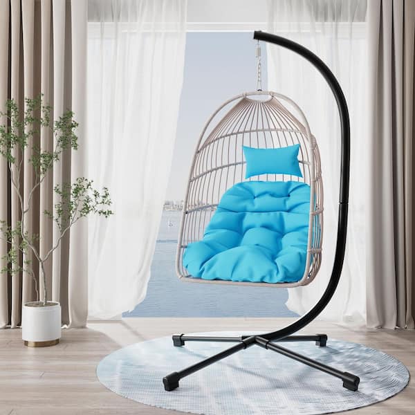 Wicker Outdoor Patio Swing Egg Chair Hammock Egg Chair with Stand and Blue Cushion