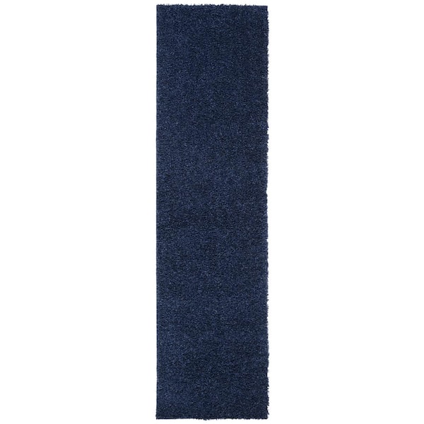 Primo Shag 2 ft. x 10 ft. Navy Minimalist Solid White Runner Rug
