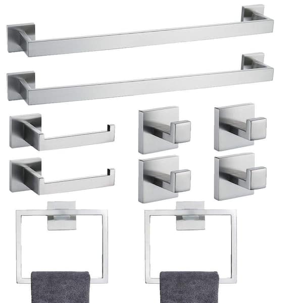 10-Piece Bath Hardware Set with Towel Ring Toilet Paper Holder Towel Hook in Brushed Nickel