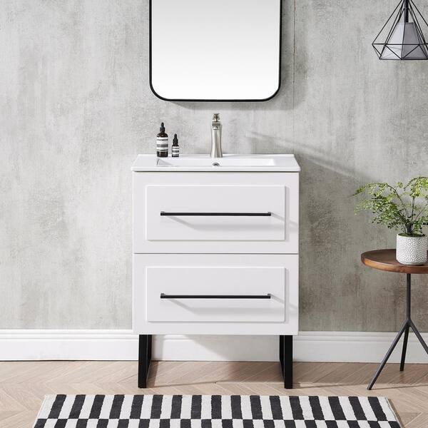VAPSINT 24 in. W x 15 in. D x 32 in. H Single bathroom Vanity in White with White Ceramic Sink and two Drawers