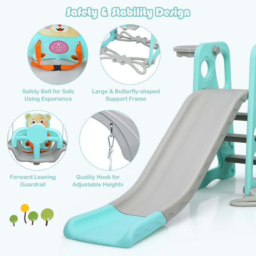 Green 4-in-1 Toddler Climber and Swing Set with Basketball Hoop