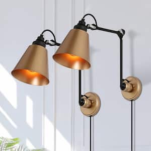 1-Light Gold and Black Plug-In or Hardwire Swing Arm Wall Lamp Set of 2