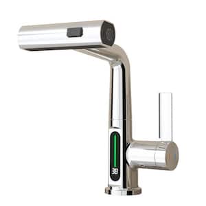 Single Handle Single Hole Pull-Out Lift LED Temperature Digital Display Bathroom Faucet with 360° Rotatable in Chrome