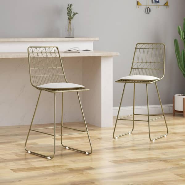 2-Piece Modern Light Brass Metal Outdoor Bar Stools with Beige Water-resistant Cushions and 400 lbs. Weight Capacity