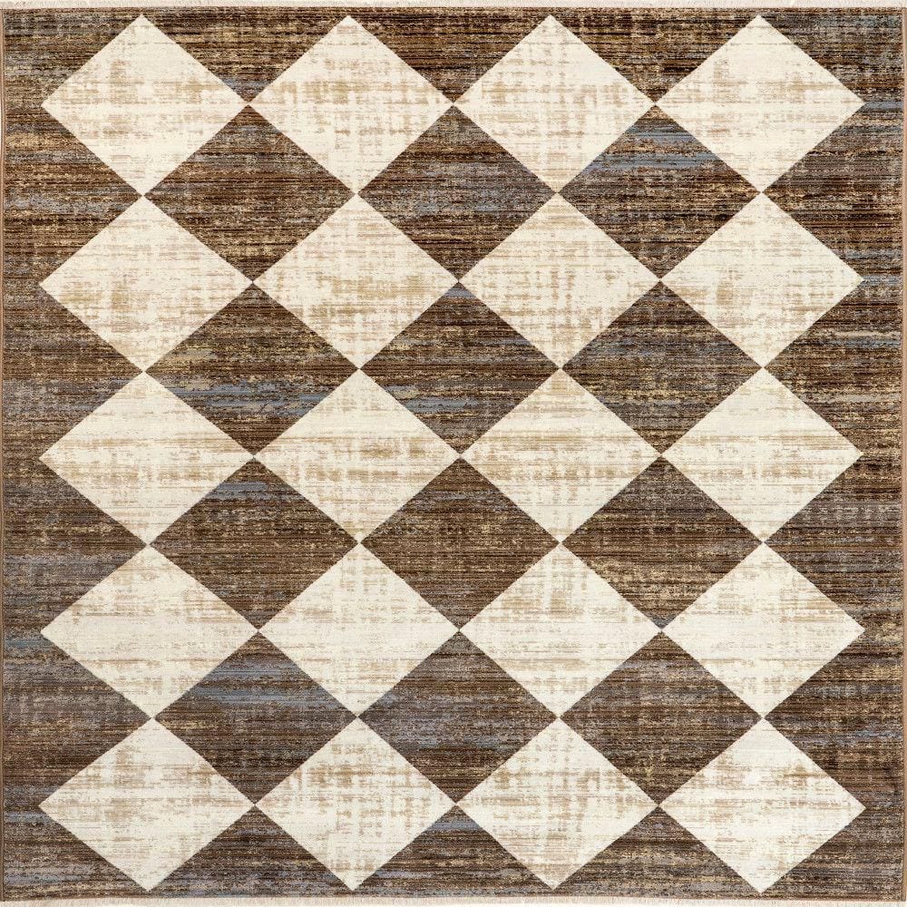 Meline Beige and Brown Checkered Rectangular Area Rug