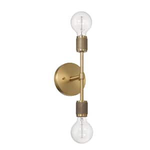 6.37 in. Maxim 2-Lights Lacquered Brass Minimalist Wall Sconce with Exposed Bulbs