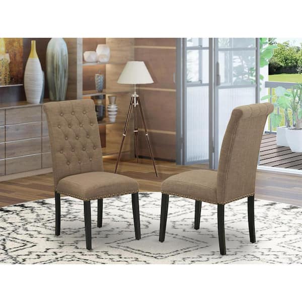 East West Furniture Black, Parson Dining Room Chairs-Button Tufted Nail Head Trim-Light Sable Linen Fabric Padded Chairs (Set of 2)
