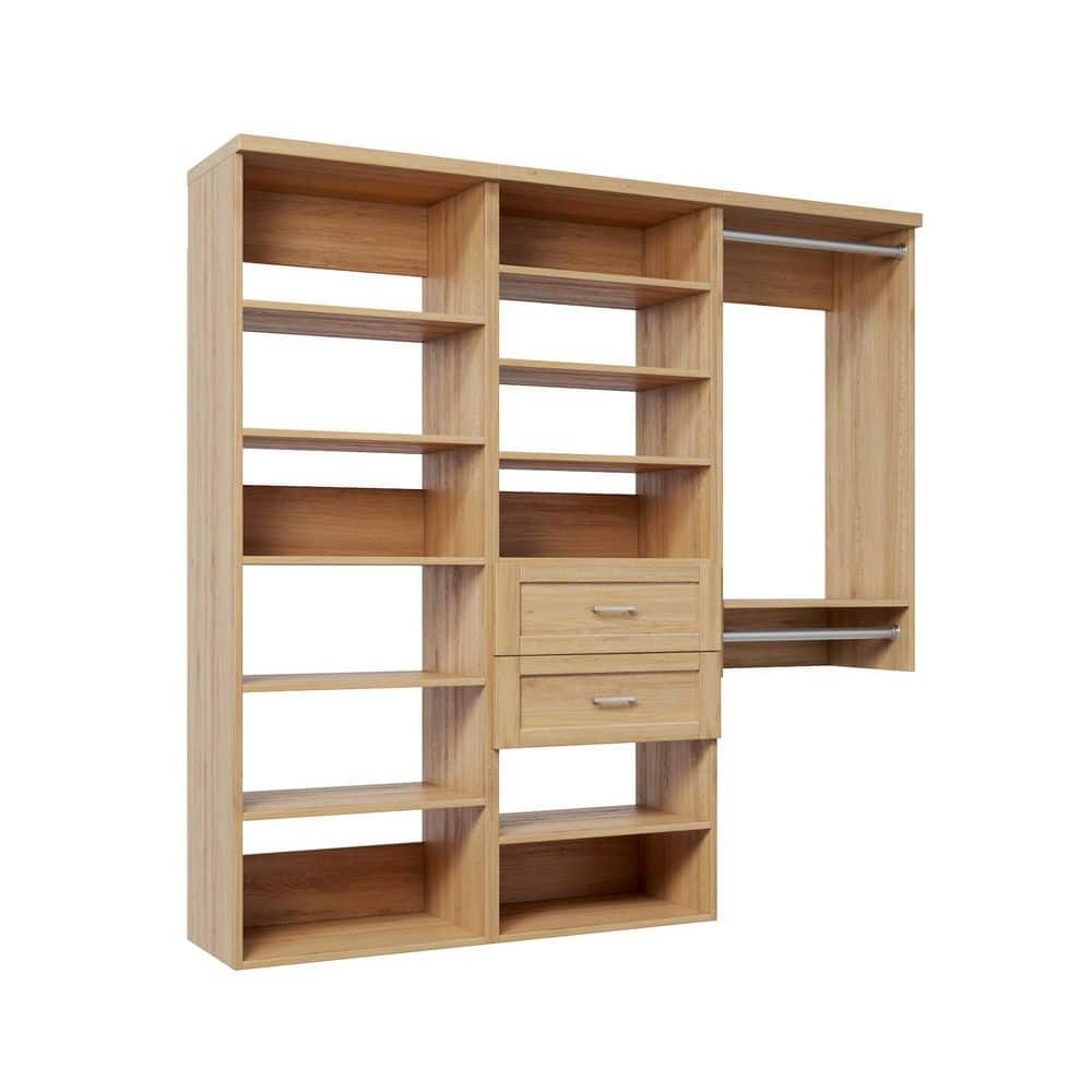 58.5 in. W Natural Oak Reach-in Wall-Mount 2-Rod 2-Shaker-Drawers 12-Shelf Wood Closet System