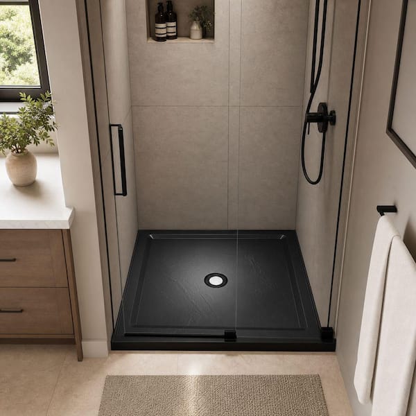 36 in. L x 36 in. W x 3.5 in. H Alcove Square Acrylic Anti-Slip Shower Pan Base with Center Drain in Slate Black